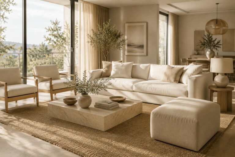 Salón luminoso con sofá y sillones en tonos neutros, mesa de centro de piedra y grandes ventanales con vistas
