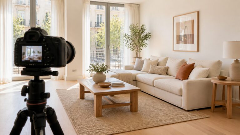 Fotógrafo profesional fotografiando un salón preparado para publicar el anuncio de venta de la vivienda