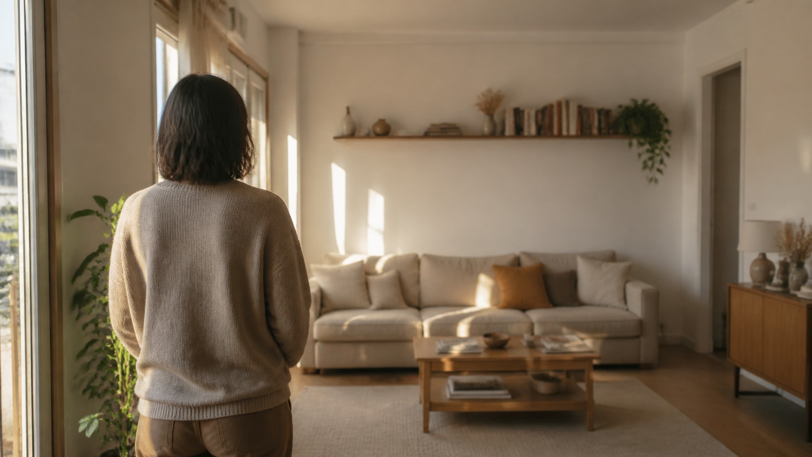 Propietario mirando su salón sin ver lo que hay que cambiar antes de vender, efecto de la habituación