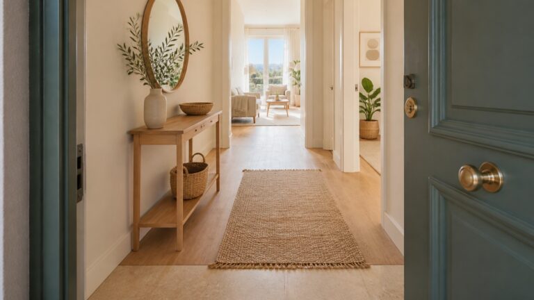 Entrada y recibidor con espejo y consola, primera impresión al visitar una vivienda en venta