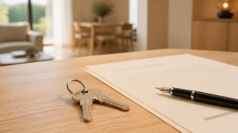 Llaves, contrato y bolígrafo sobre la mesa tras la firma de venta de una vivienda