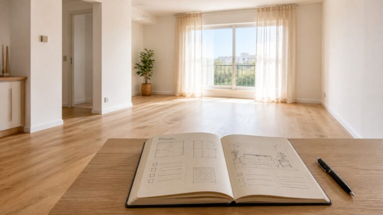Habitación vacía con plano y notas de diagnóstico inmobiliario antes de preparar la vivienda para la venta