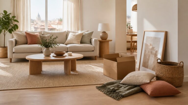 Salón con cajas de mudanza y cojines en el suelo, errores habituales al preparar una vivienda para vender