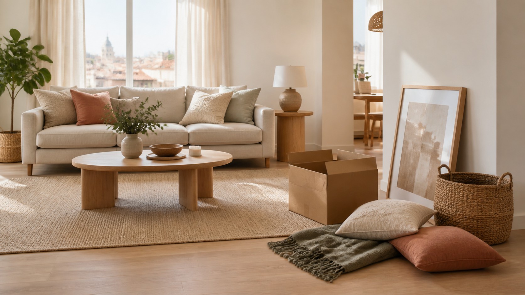Salón con cajas de mudanza y cojines en el suelo, errores habituales al preparar una vivienda para vender