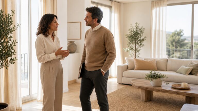 Dos personas conversando en un salón, agente inmobiliario explicando el método Prepara & Vende a un propietario